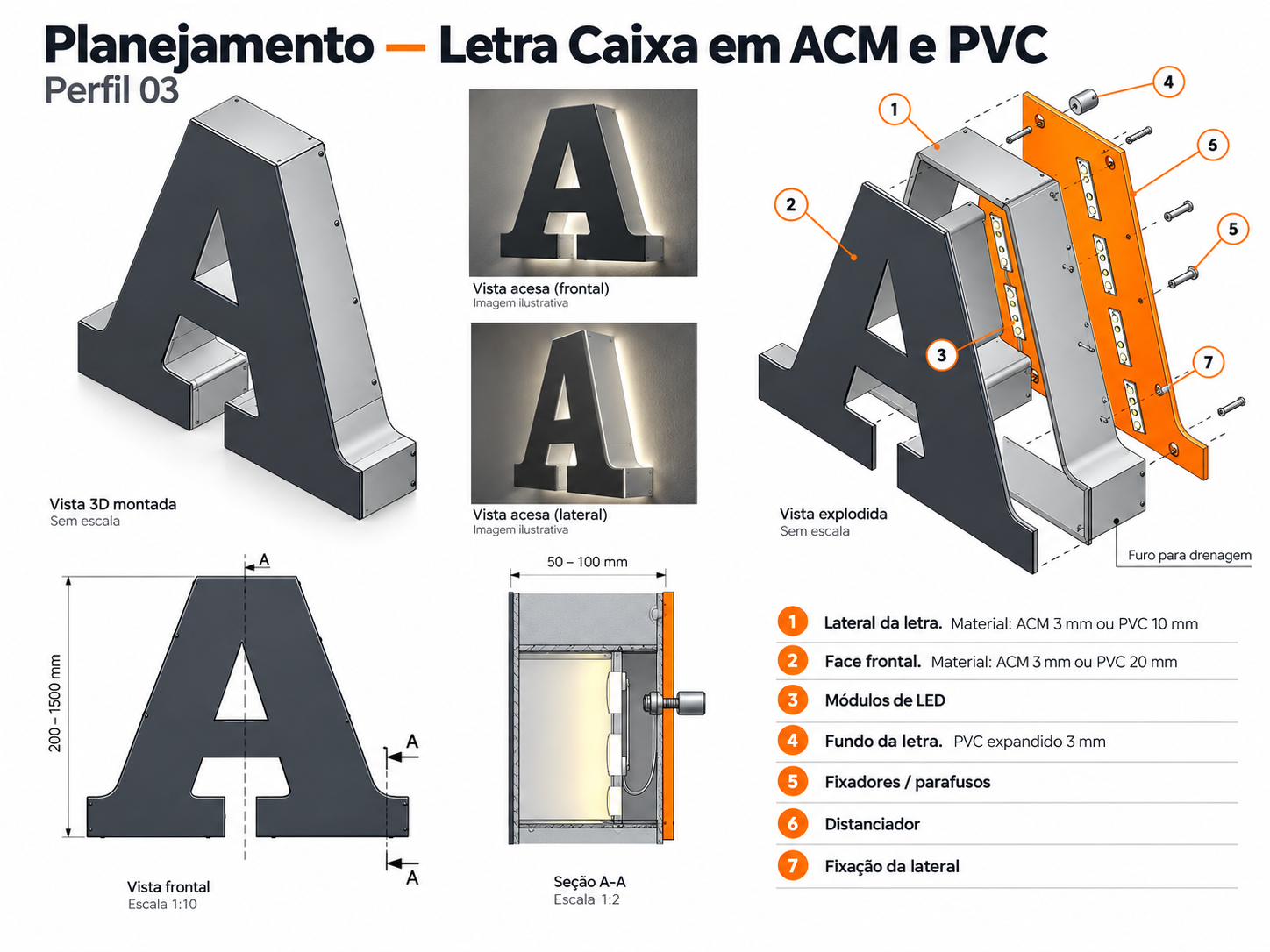 Planejamento de Letra Caixa em ACM e PVC